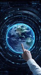 Poster - A businessman reaches out to touch a virtual map representing global connections, emphasizing modern business strategies and travel possibilities.