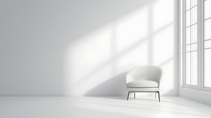 Poster - Solitary chair in an empty minimalist white room with ample copy space for text or design elements  The clean modern and uncluttered setting creates a peaceful
