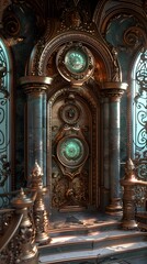 Canvas Print - Ornate Gilded Interior with Clockwork Door and Staircase.