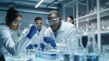 Poster - Scientists analyzing samples in a high-tech laboratory setting, wearing lab coats and safety goggles, surrounded by advanced equipment and glassware.