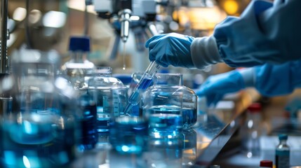 Poster - Scientists conducting precise measurements and mixing chemicals in a controlled laboratory setting, with a focus on the equipment and their meticulous work.
