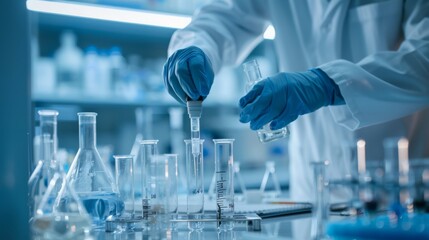 Poster - Scientists conducting precise measurements and mixing chemicals in a controlled laboratory setting, with a focus on the equipment and their meticulous work.