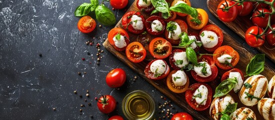 Aufkleber - Mozzarella and cherry tomato canape caprese salad served as a buffet meal snack on the table with copyspace in the food background Top view suitable for keto or paleo diet