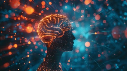 Poster - Silhouette of a human head with a glowing brain and dynamic light patterns swirling around it, set against a high-tech, abstract backdrop