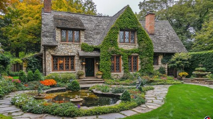 Poster - Stone Cottage with Pond and Garden