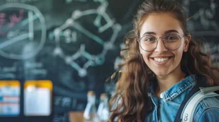 Poster - Smiling student with a bag and science equipment