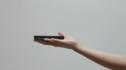 Poster - Closeup of a single human hand holding a sleek modern minimalist smartphone device with clean copy space  Elegant and contemporary technology product shot with 3D rendering or mockup