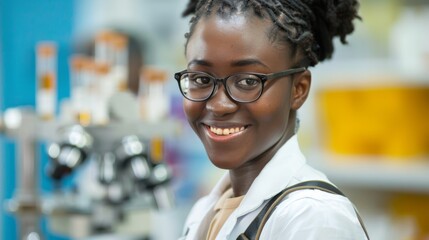 Poster - Student smiling with a bag and laboratory test tube