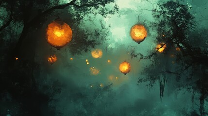 Wall Mural - Enchanting Forest Night with Glowing Lanterns and Foggy Atmosphere.