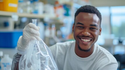 Poster - Student smiling with a bag and laboratory test tube