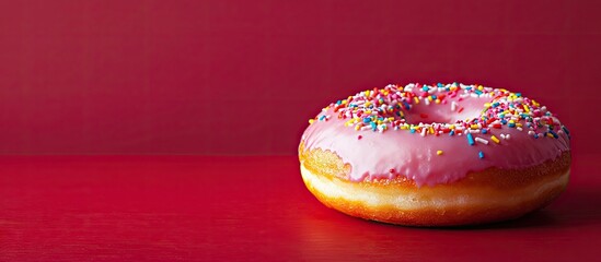 Aufkleber - Close up of a pink glazed doughnut topped with rainbow sprinkles placed on a red table with room for text on the left. with copy space image. Place for adding text or design