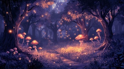 Wall Mural - Enchanting Fantasy Forest with Glowing Mushrooms and Fireflies