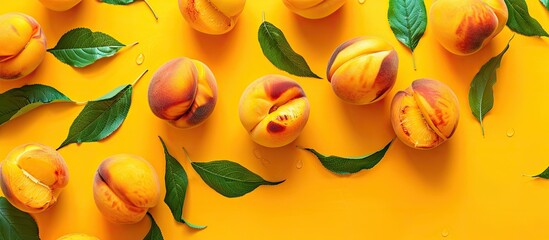 Poster - A plate with several whole fresh ripe peaches and green leaves is set on a white table in a flat lay arrangement There is space for text. with copy space image. Place for adding text or design