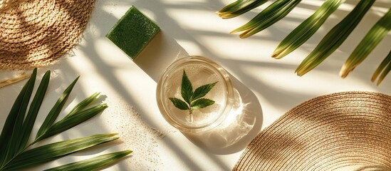 Wall Mural - A straw hat two unmarked cosmetic tubes a glass of water a glass marble and a green leaf are placed on a smooth sandy surface Cosmetic mockup featuring natural elements. with copy space image