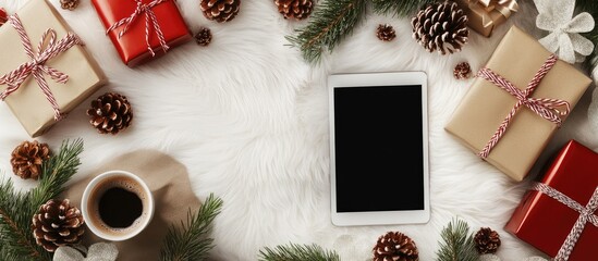 Poster - Creative layout frame featuring numerous gift boxes Christmas tree branches pine cones a hot chocolate mug Christmas treats and a tablet PC on a white fluffy fur background Background for Christmas a