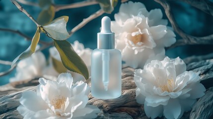 A serum essence in glass bottle, standing on wood, surrounded by camellia flowers.