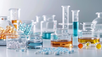 Poster - Various chemical containers arranged neatly on a lab bench