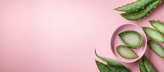Poster - Flat lay arrangement featuring cosmetic products and sliced aloe leaves on a pink background Space for text. with copy space image. Place for adding text or design