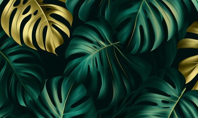 Wall Mural - Green background with golden leaves. Wallpaper background featuring tropical palm trees.