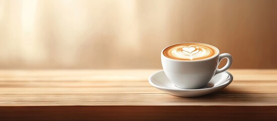 Aufkleber - Hot cappuccino in a white cup on a wooden table with copyspace Latte art on a coffee backdrop