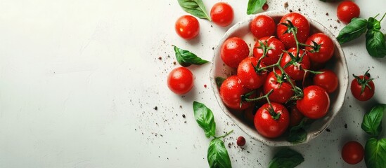 Poster - Red tomatoes on a white painted surface with basil. with copy space image. Place for adding text or design