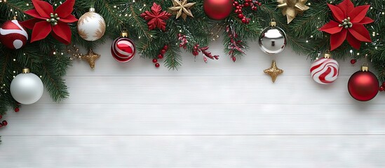 Aufkleber - Xmas decoration garland frame concept background top view with copy space on a white wooden surface A border of Christmas ornaments features fir tree branches bows lollipops and bells