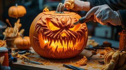 A close-up of a pumpkin being carved into a jack-o'-lantern, with tools and other decorations nearby