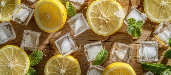 Poster - Fresh lemons mint leaves and ice cubes placed on a wooden surface. with copy space image. Place for adding text or design