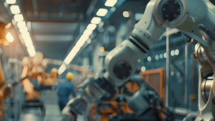 Poster - Close-up of a robotic arm in a modern industrial factory setting, highlighting advanced automation and engineering technology. Concept of industrial robotics 