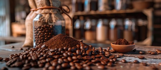 Leinwandbilder - Raised perspective of a coffee mill with ground coffee atop coffee beans. with copy space image. Place for adding text or design