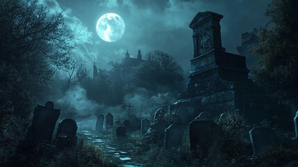 Wall Mural - a dark, misty graveyard with spooky tombstones and a full moon casting an eerie glow