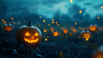 a picturesque halloween background with a pumpkin patch illuminated by soft, ambient lighting