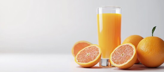 A glass of orange juice and fresh oranges on a white background copy space