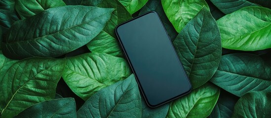 Poster - A blank phone on a green leaf is ideal for presentations. with copy space image. Place for adding text or design