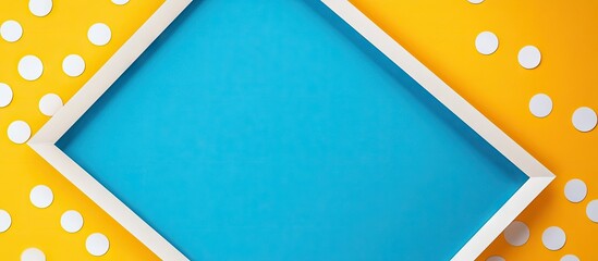 Wall Mural - Blue and white card paper frame copyspace Blue and white polka dot background on a yellow backdrop