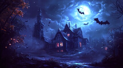 Wall Mural - a halloween night scene with a haunted mansion, flying bats, and a glowing full moon