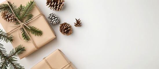 Poster - An eco paper gift box a Christmas cone and a letter against a white background. with copy space image. Place for adding text or design