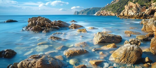 Poster - Two large boulders in shallow blue ocean water long exposure image. with copy space image. Place for adding text or design