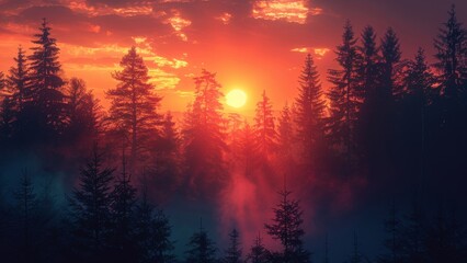 Canvas Print - Vibrant sunset illuminating a forest with mist in the early evening