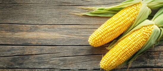 Poster - Fresh corn on the cob on a rustic wooden table close up with copyspace