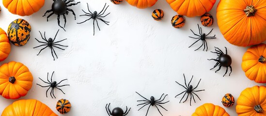 Poster - Halloween decoration backdrop featuring pumpkins and spiders on a white table surface top view copy space