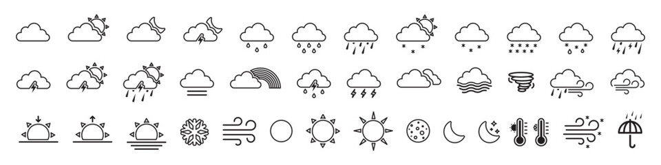 weather web icon set. weather , clouds, sunny day, moon, snowflakes, wind, sun day. forecast weather