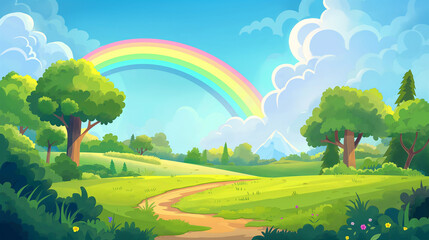 The Cartoon summer forest and rainbow on horizon, game background, Illustration