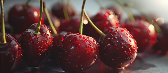 Poster - Close up of backlit ripe Stella cherries on a white background with copy space