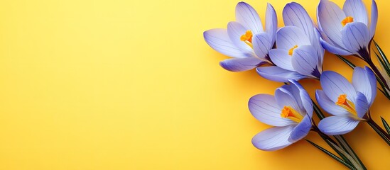 Poster - Blue crocus flowers with copy space on a yellow background bathed in sunlight