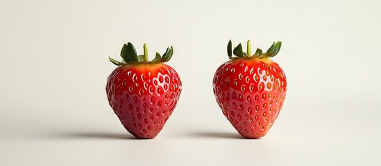 Close up of two strawberries next to each other On the left is a misshapen fruit compared to the typical shape on the right Both are isolated against a simple white background. with copy space image