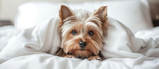 Poster - Small Yorkshire Terrier dog under a white blanket on the bed. with copy space image. Place for adding text or design