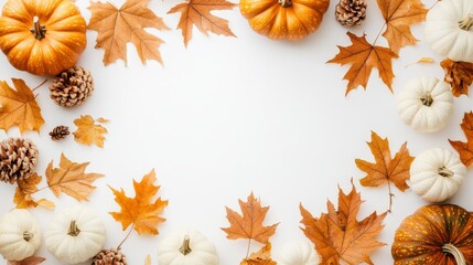 Autumn harvesting with two orange pumpkins among fallen leaves