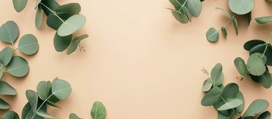 Poster - Frame created with eucalyptus leaves on a beige background copy space for showcasing a natural product top view flat lay