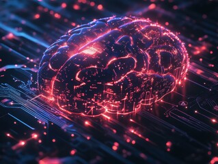 Poster - 3D Render of a Human Brain on a Circuit Board - Artificial Intelligence,  Cybernetics,  Neural Networks Concept